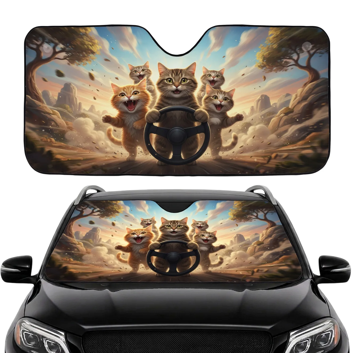 Tabby Ginger Cats Driving Adventure Speed Lines Streaking Clouds - Cat Lover Travel Gift Car Sunshade - 1