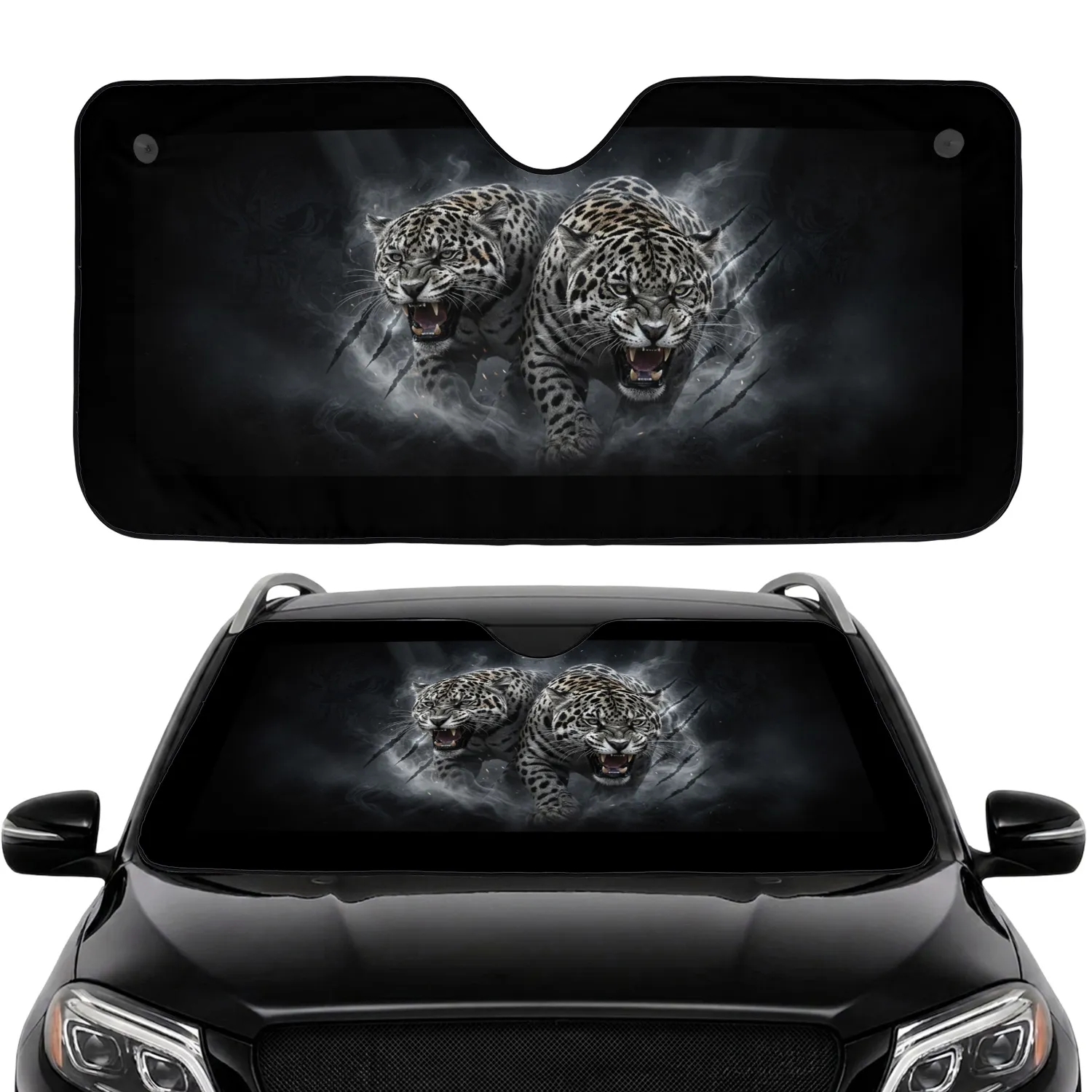 Highly Detailed Snarling Black White Jaguars Fangs Bared - Wildlife Lover Gift Car Sunshade - 1