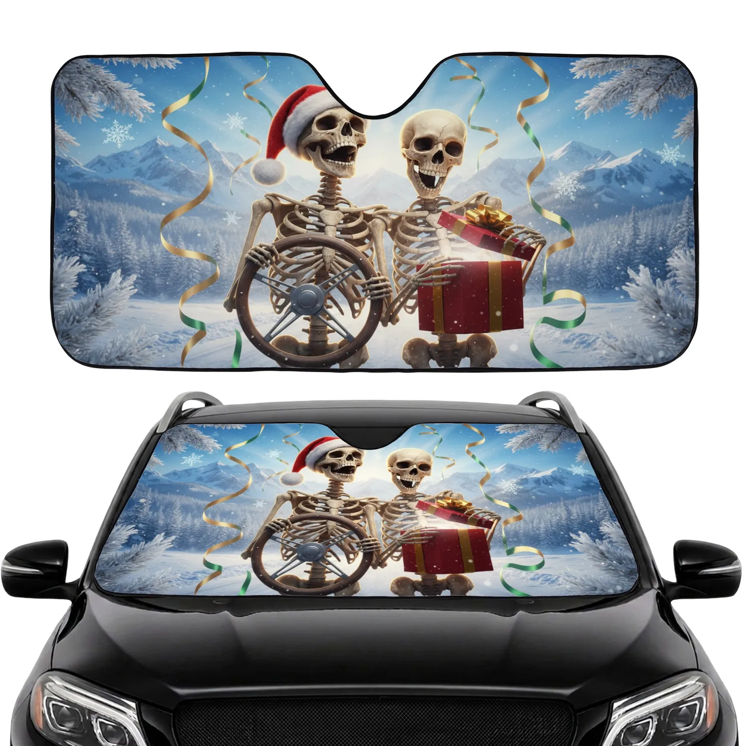 Skeletons Santa Hat Steering Wheel Gift Box Snowflakes - Christmas Holiday Travel Gift for Skeleton Lovers Car Sunshade - 1