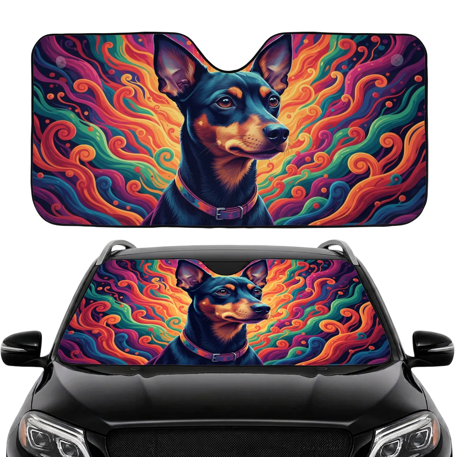 Pop-Art Black and Tan Miniature Pinscher Flowing Swirls and Waves - Dog Lover Gift Car Sunshade - 1