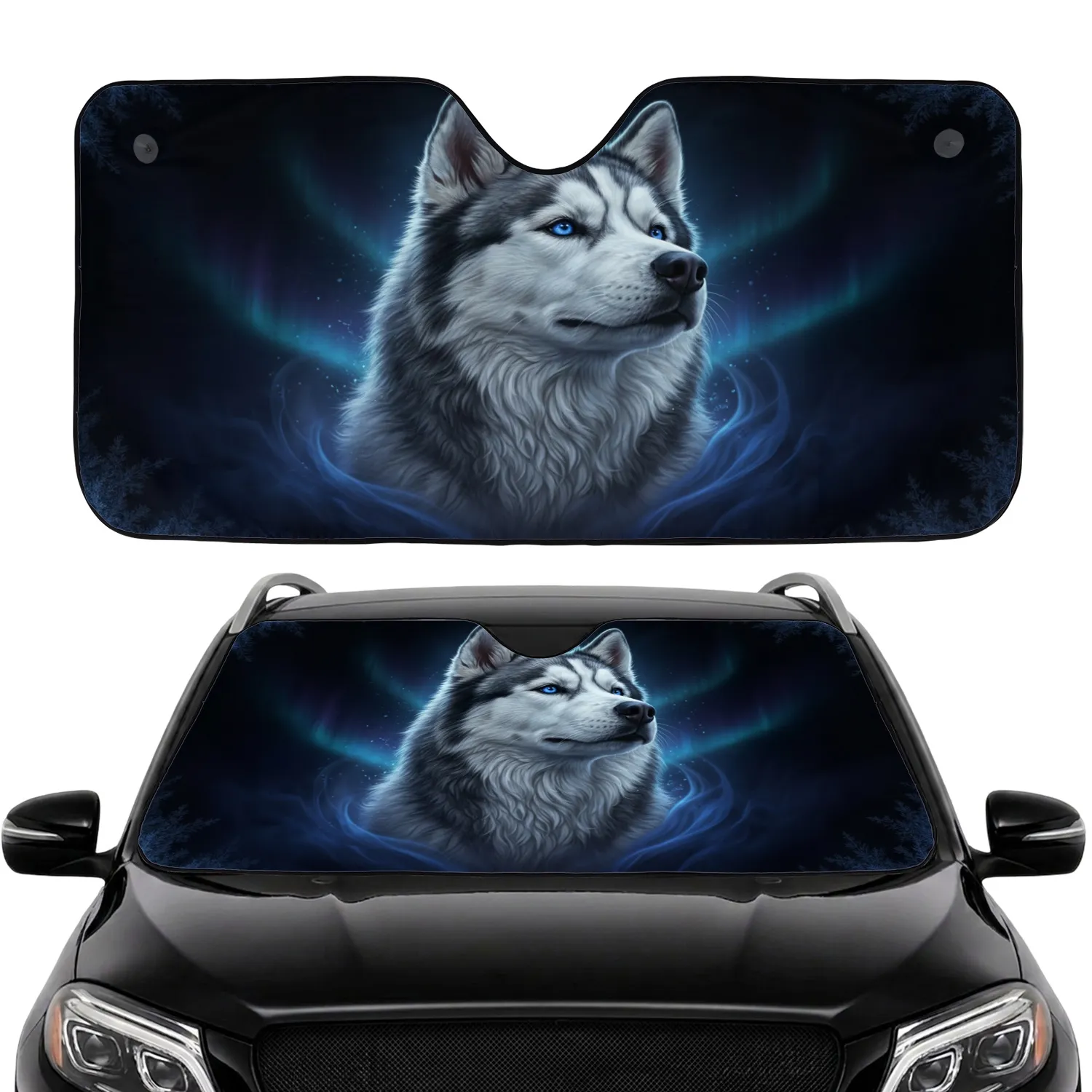 Majestic Siberian Husky Blue Eyes Aurora Night - Wildlife Lover Gift Car Sunshade - 1
