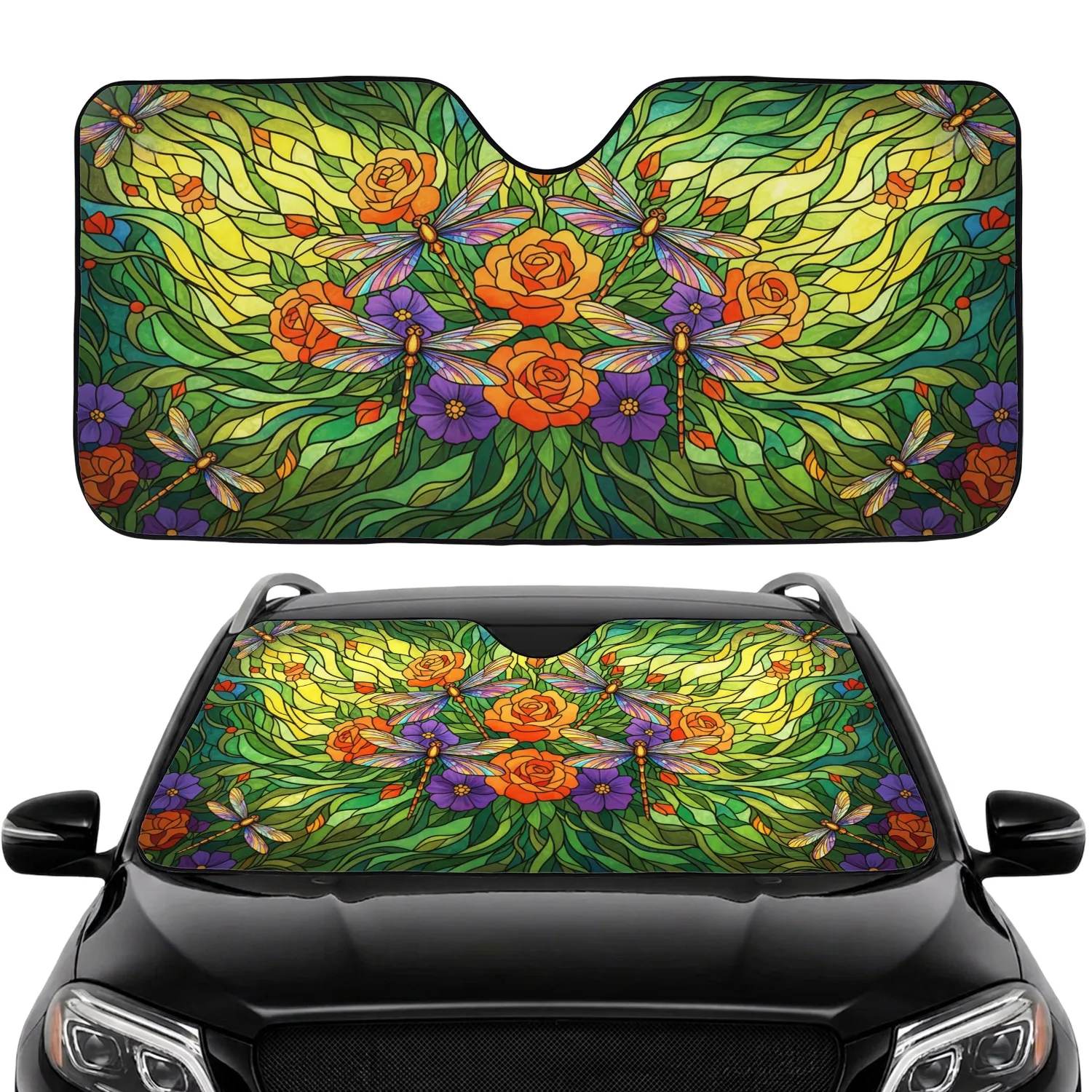 Dragonfly Orange Rose Purple Blossom Stained Glass Car Decor Gift Car Sunshade - 1