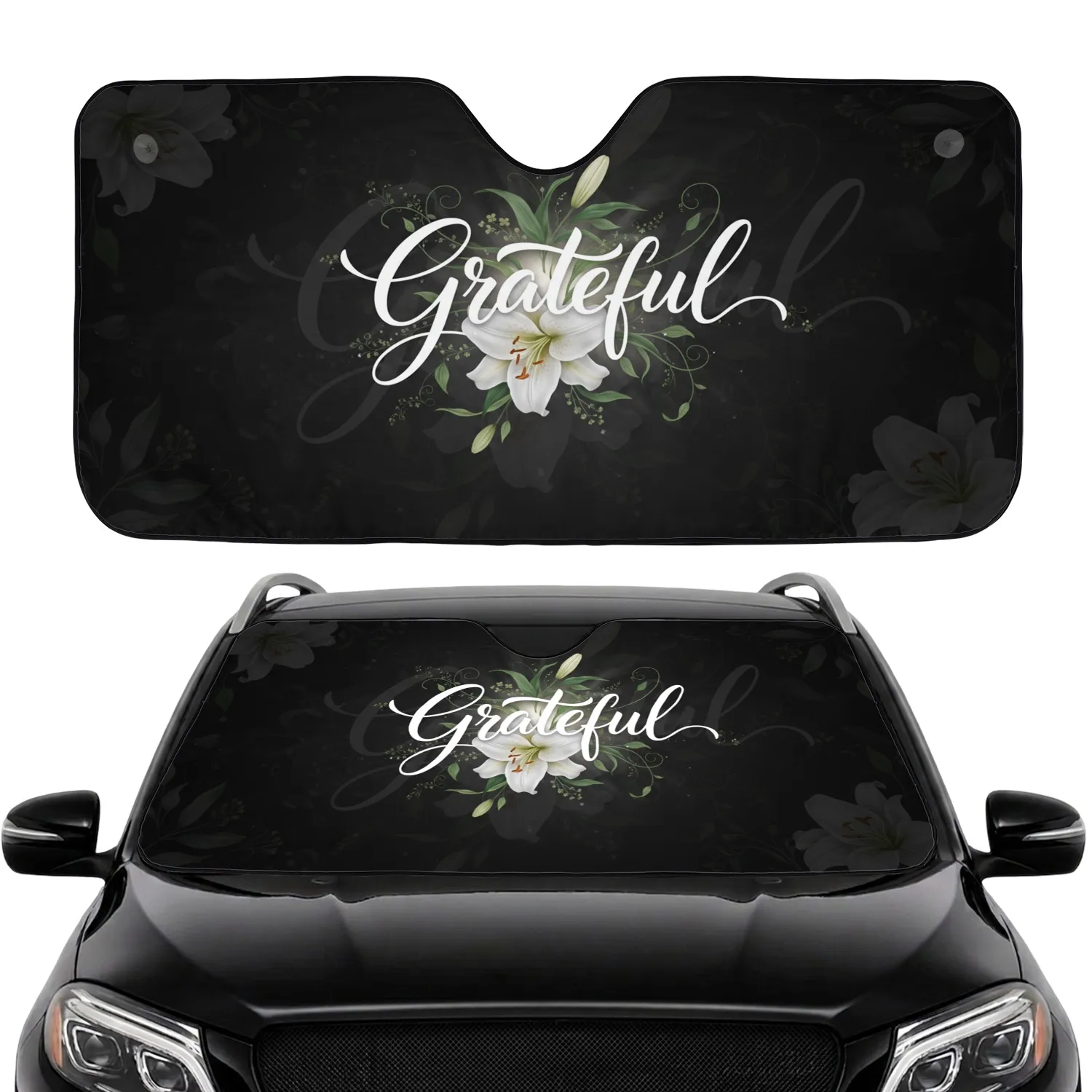 Grateful Script White Lily Floral Deep Black - Meaningful Inspiration Gift Car Sunshade - 1