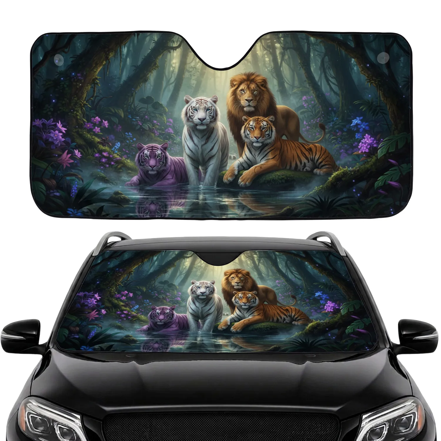 Four Large Jungle Cats Bioluminescent Rainforest - Wildlife Lover Gift Car Sunshade - 1