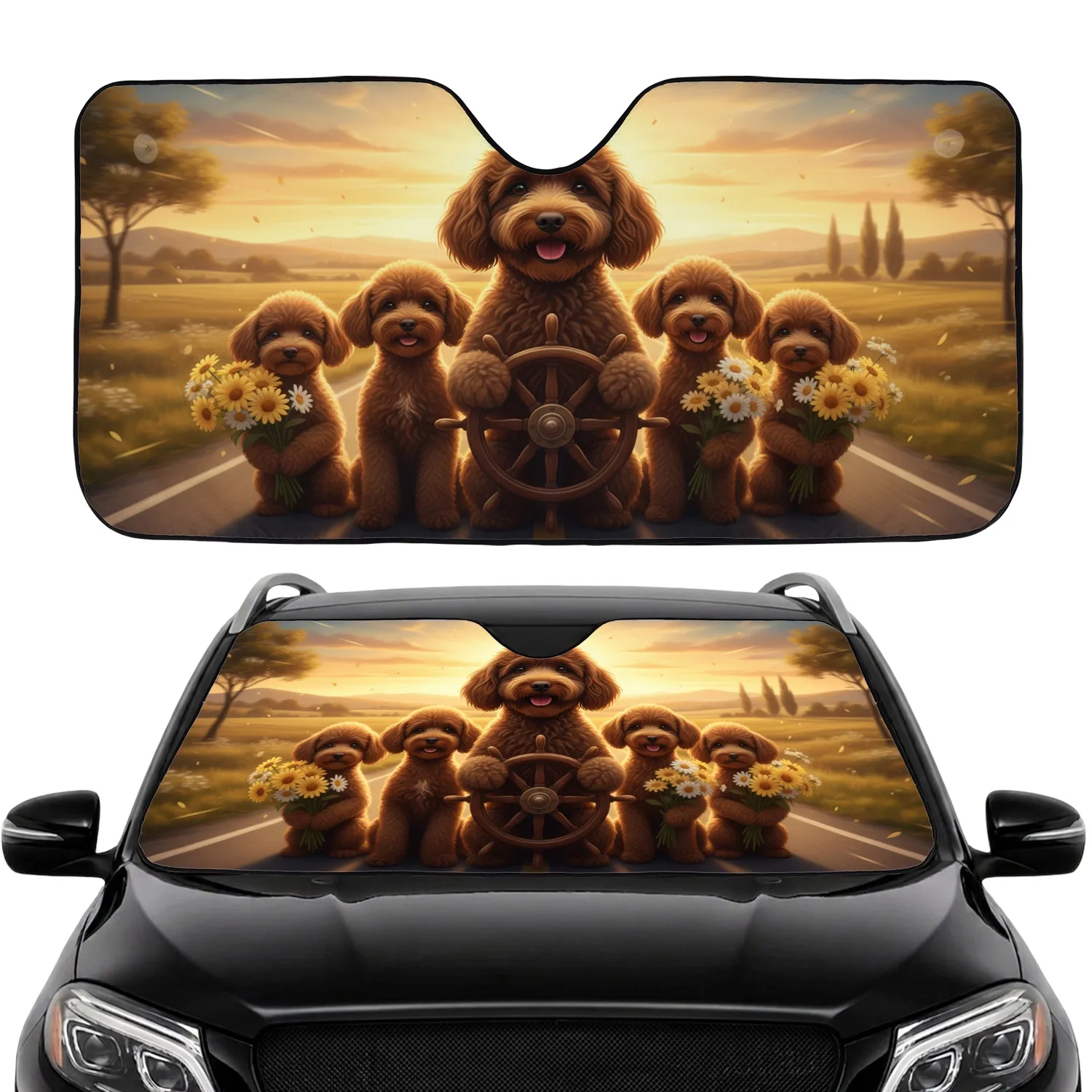 Poodle Family Road Trip Sunset - Dog Lover Travel Essentials Gift Car Sunshade - 1