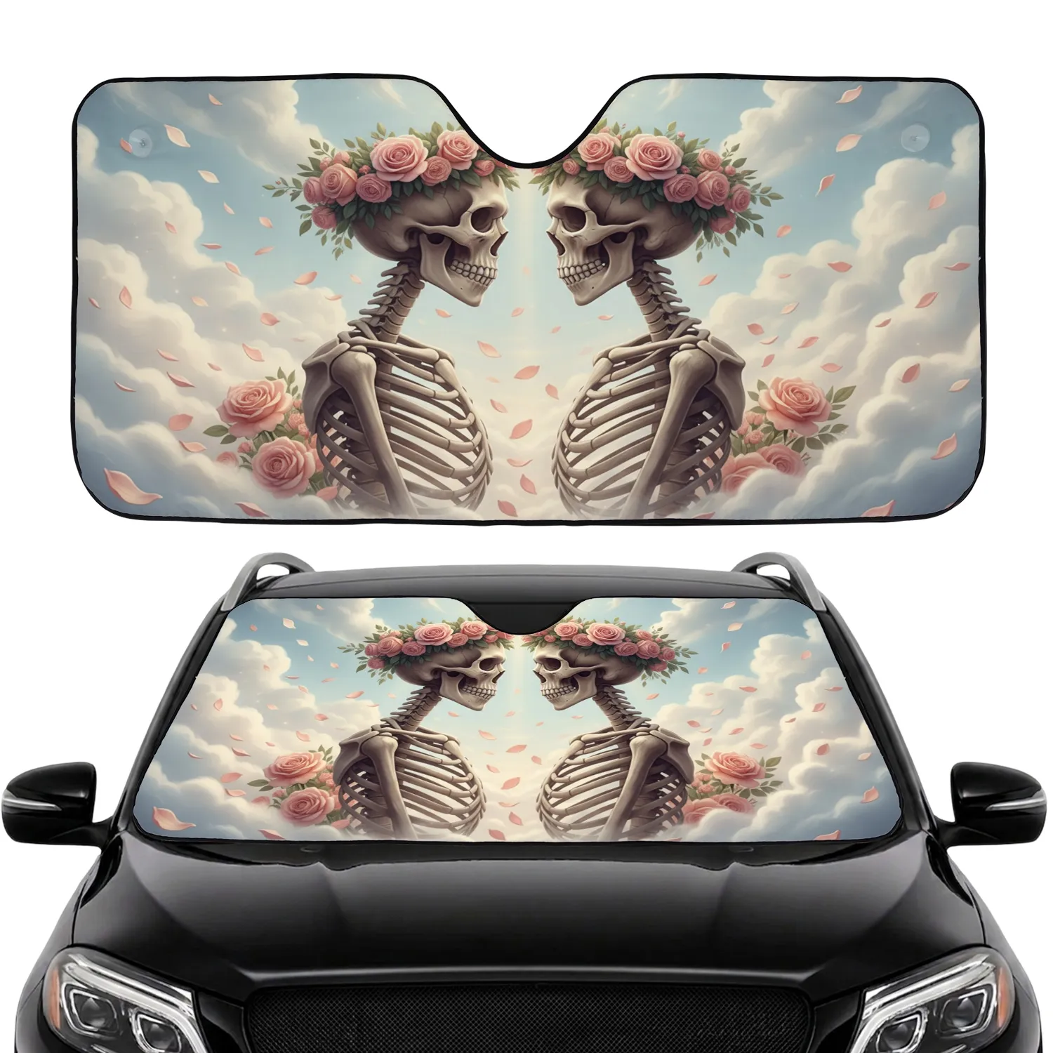 Romantic Skeletons Rose Crowns Everlasting Love Gift for Anniversary Couples Car Sunshade - 1