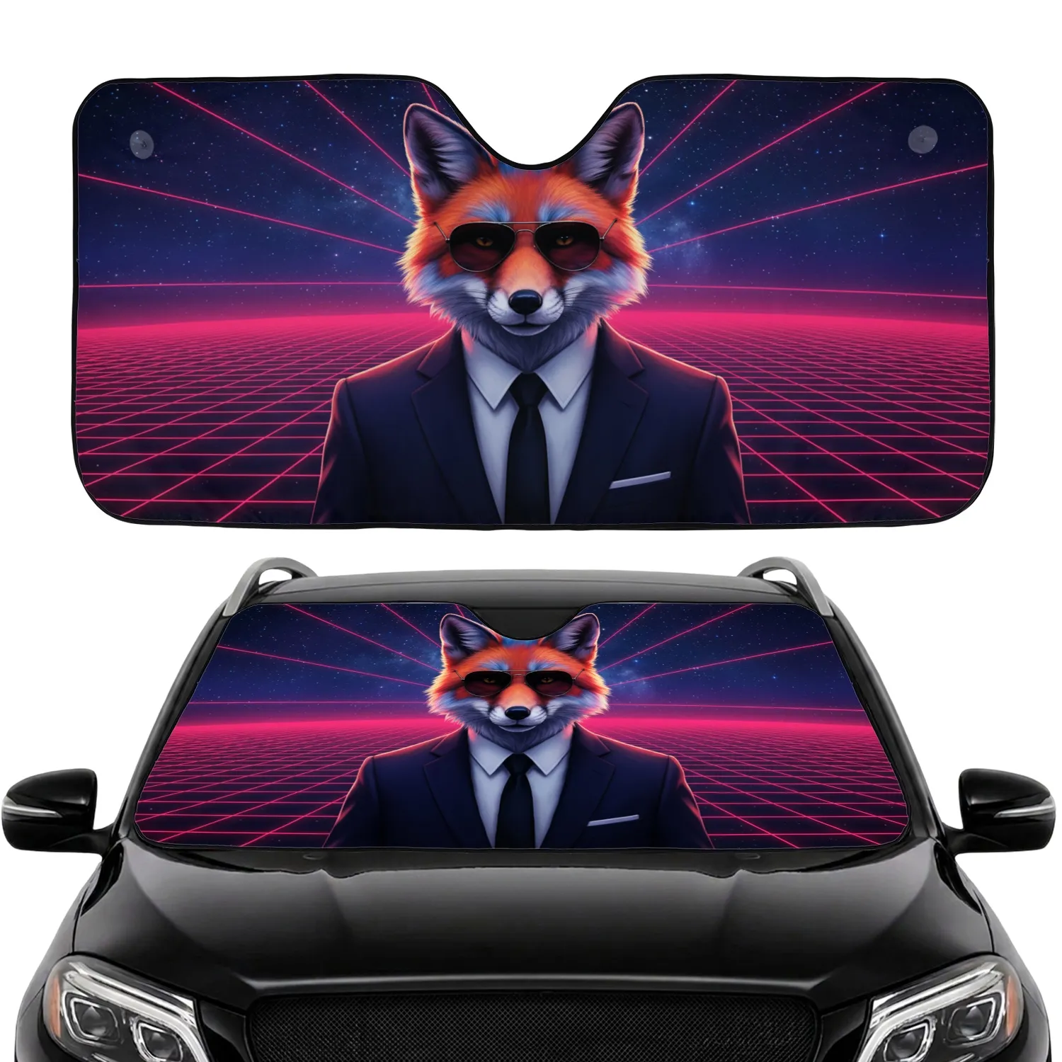 Anthropomorphic Fox Business Suit Synthwave Cosmic Grid - Retro Futuristic Decor Gift Car Sunshade - 1
