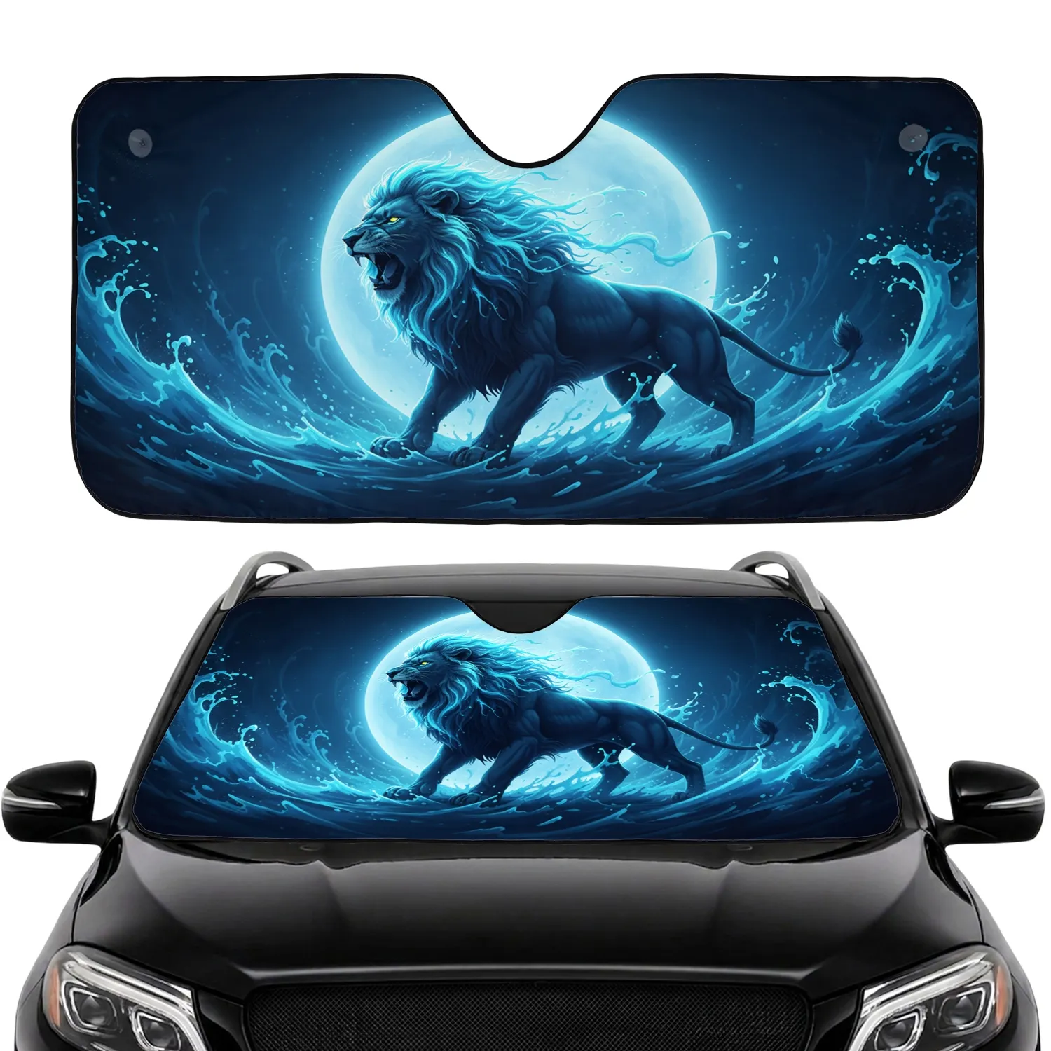 Roaring Lion Glowing Mane Cosmic Moon - Wildlife Lover Gift Car Sunshade - 1