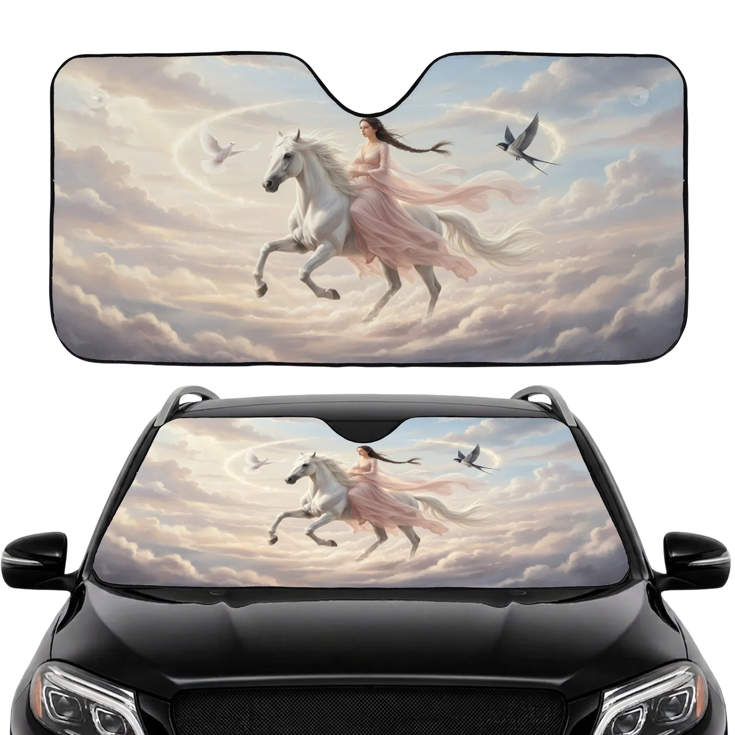 Woman Riding White Horse Mystical Birds - Fantasy Lover Gift Car Sunshade - 1