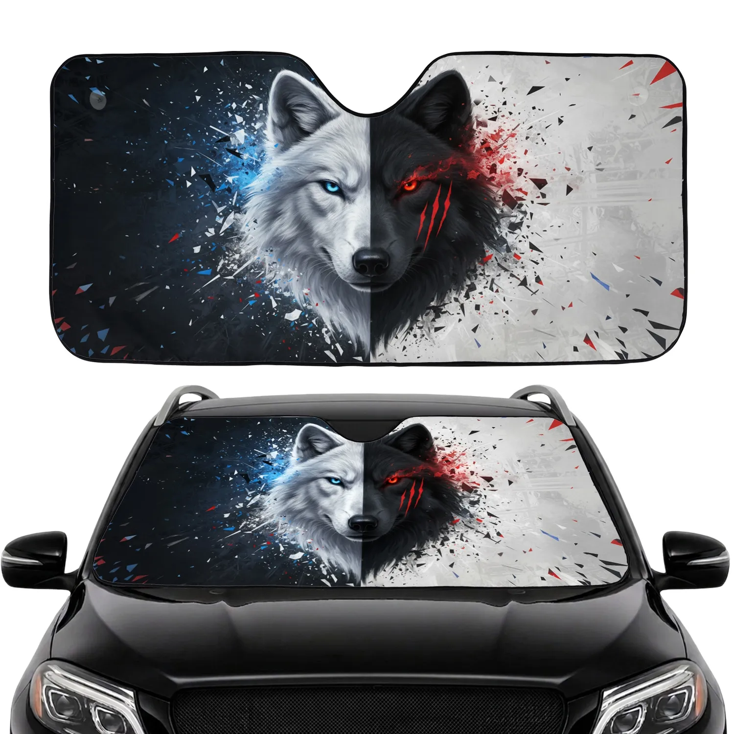 Split Wolf Head White Black Fur Electric Blue Red Eye - Wildlife Lover Gift Car Sunshade - 1