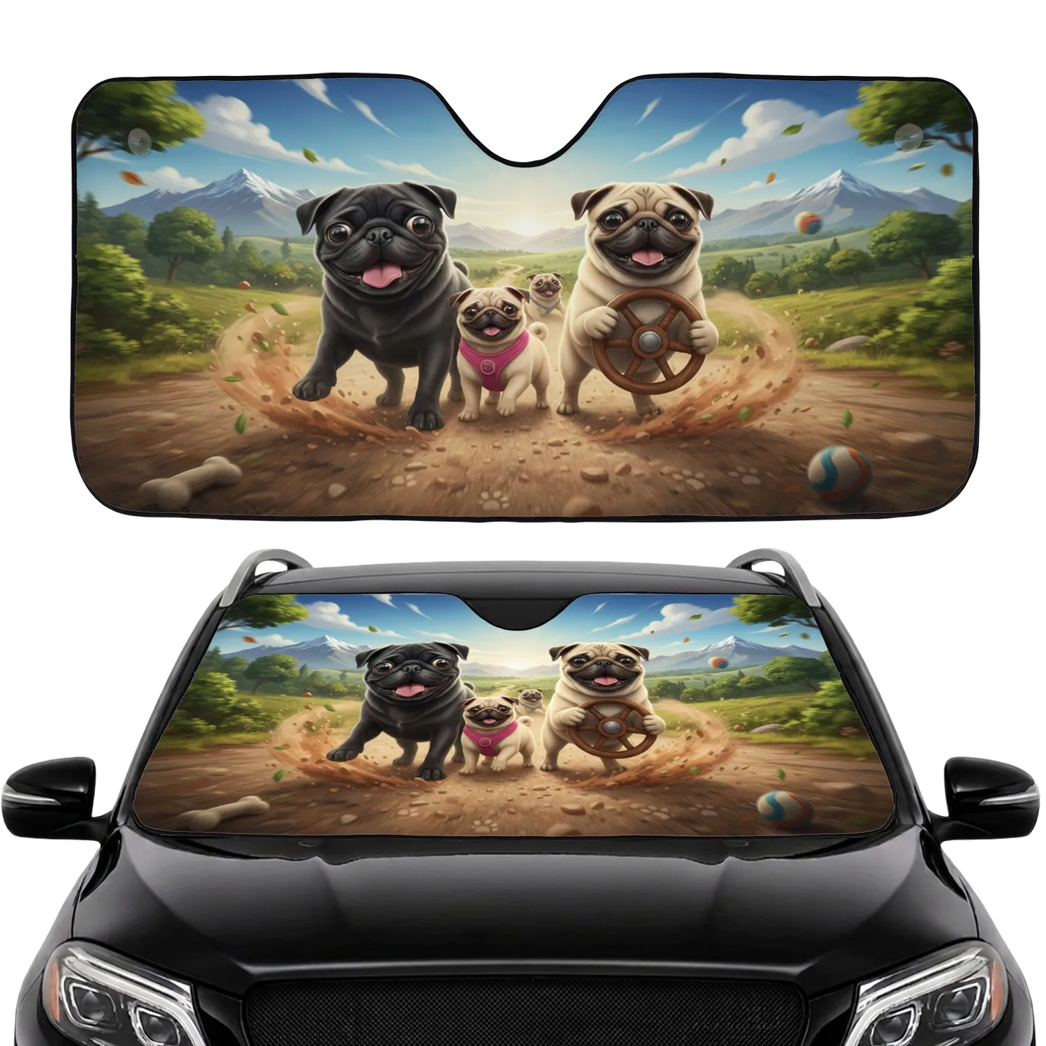 Pugs Group Road Trip Steering Wheel Open Road Scenic Landscape - Pet Lover Gift Car Sunshade - 1