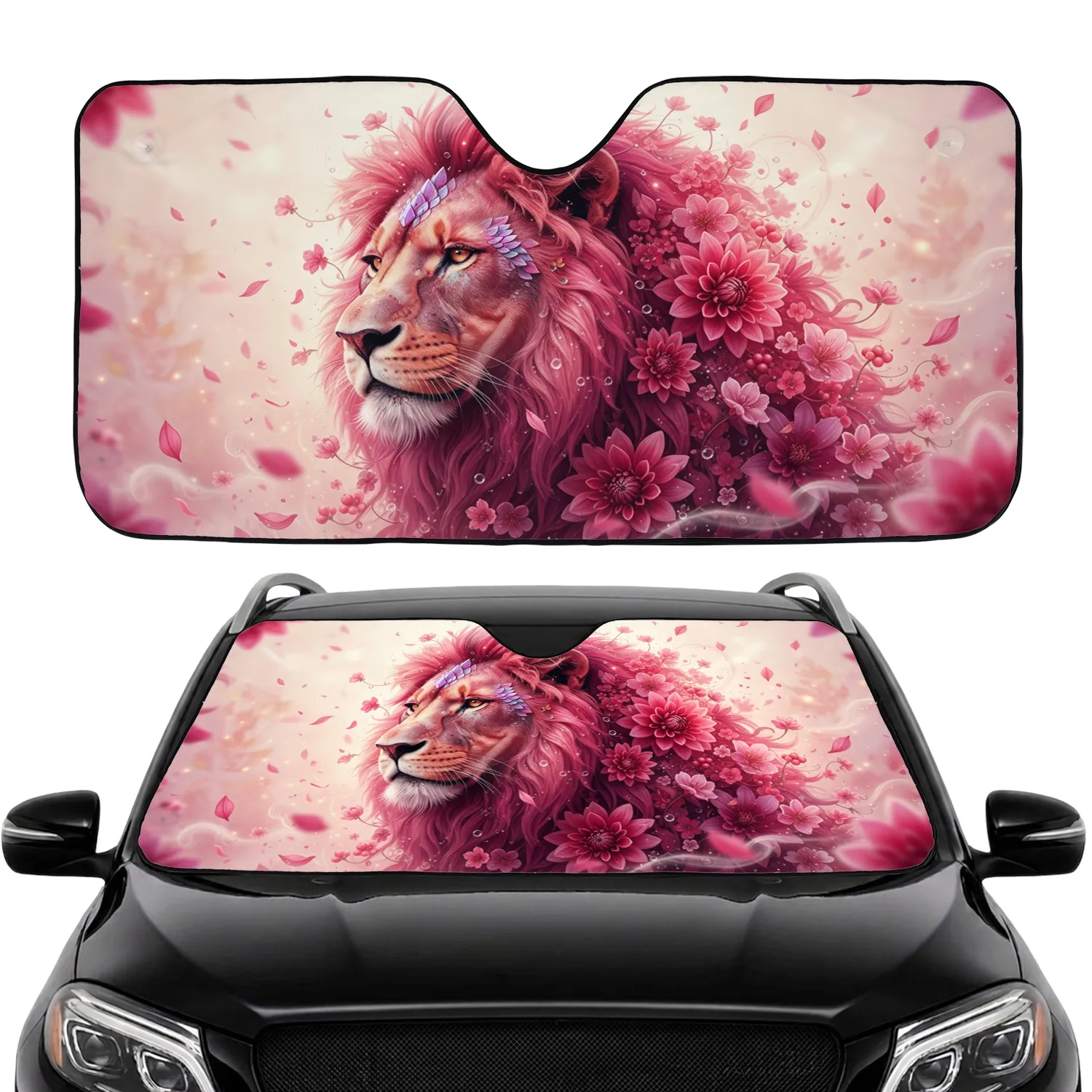 Majestic Pink Lion Floral Mane Dahlia Blossoms Iridescent Scales - Wildlife Lover Gift Car Sunshade - 1