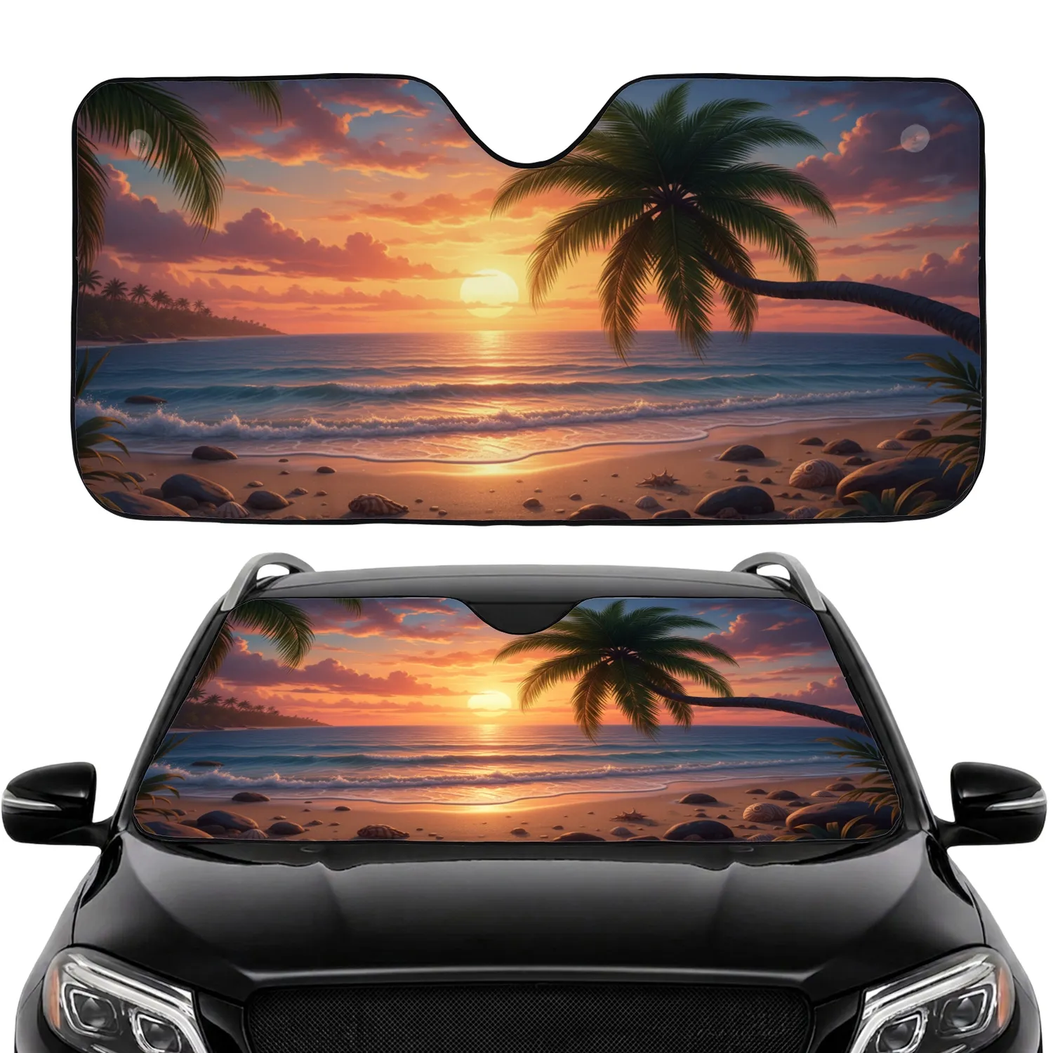 Palm Tree Tropical Sunset Ocean Beach - Beach Lover Gift Car Sunshade - 1