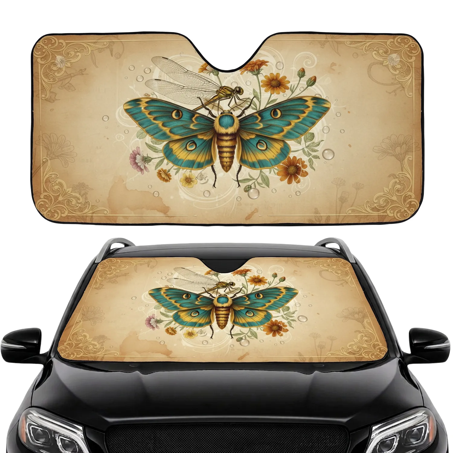 Majestic Moth Dragonfly Wildflowers - Wildlife Lover Gift Car Sunshade - 1