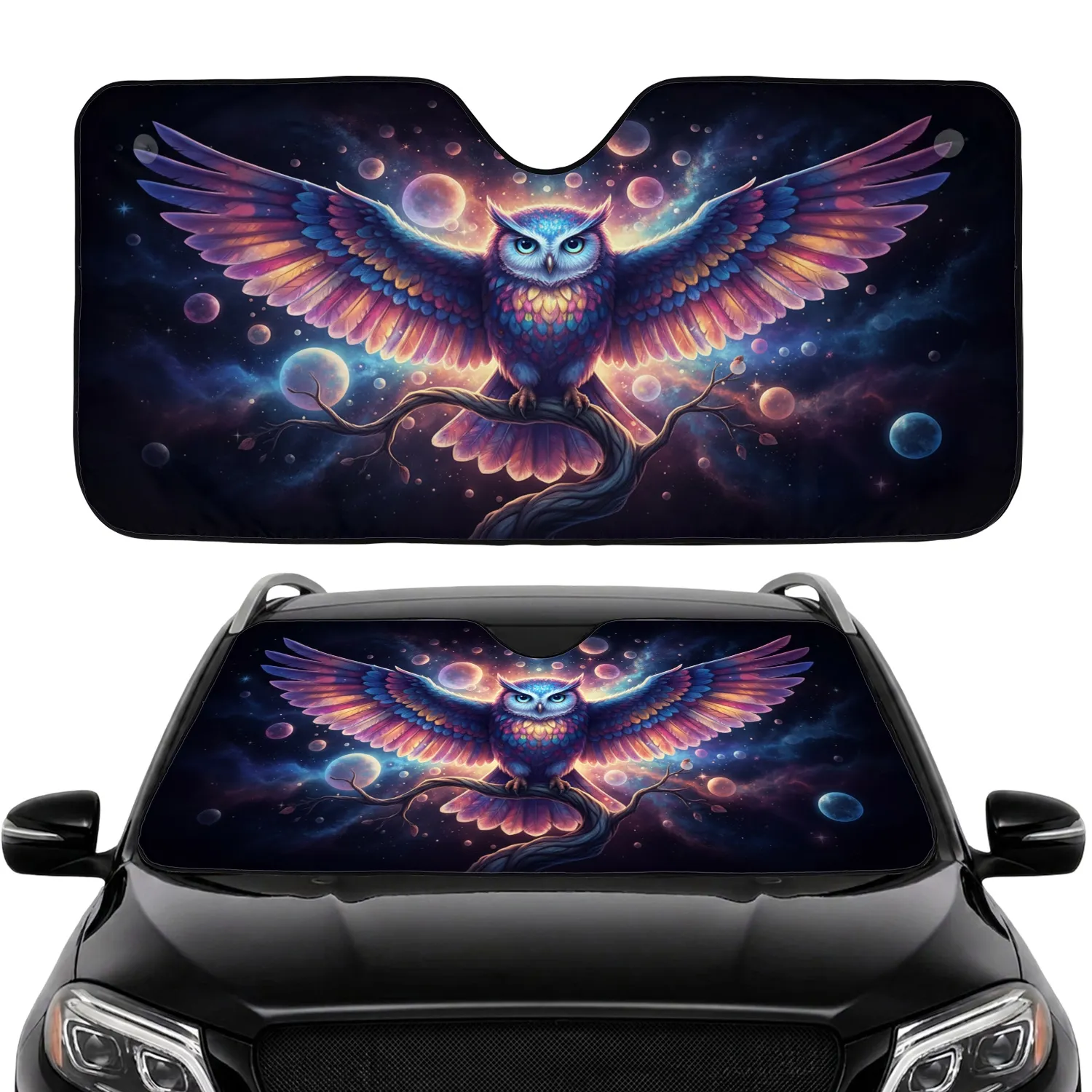 Owl Outstretched Wings Gnarled Branch Glowing Orbs - Fantasy Art Lover Gift Car Sunshade - 1