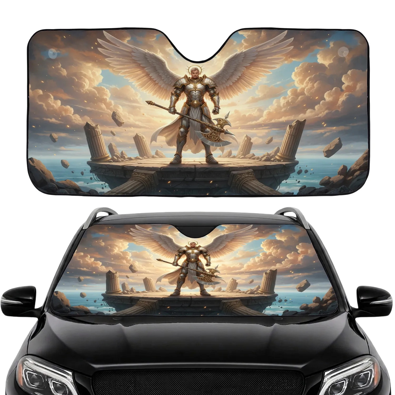 Divine Angelic Warrior Golden Battle-Axe Classical Ruins - Fantasy Lover Gift Car Sunshade - 1