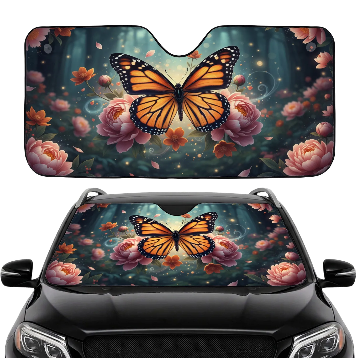 Majestic Monarch Butterfly Lush Peonies Fantasy Garden - Nature Lover Gift Car Sunshade - 1