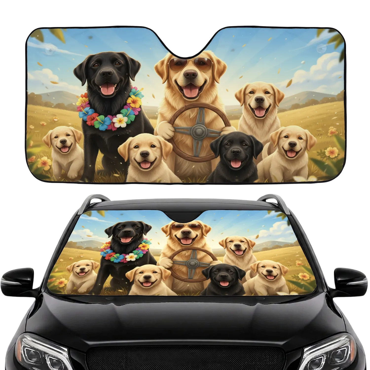 Happy Labrador Golden Retriever Dogs Puppies Lei Sunglasses - Dog Lover Gift Car Sunshade - 1