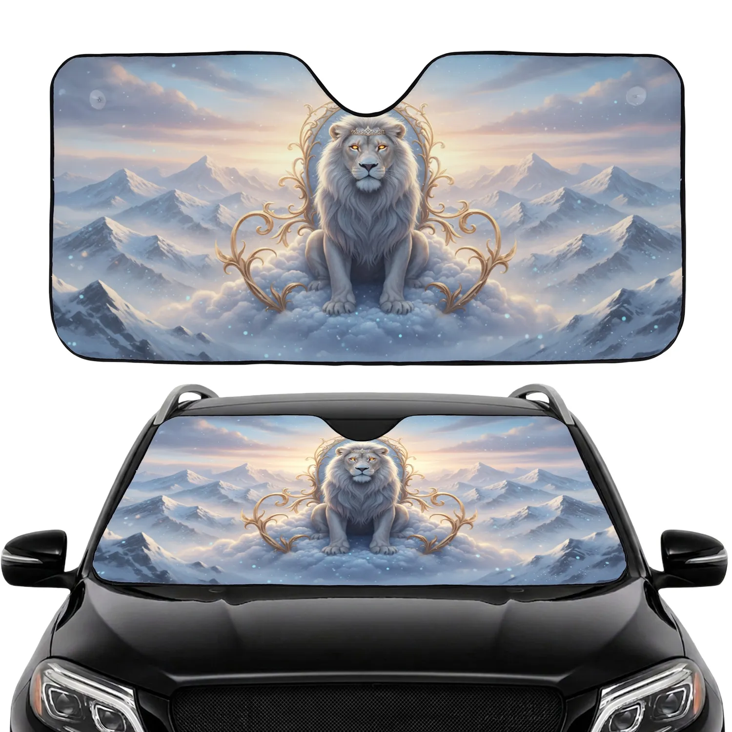 Majestic White Lion Golden Crown Snow Throne Winter Scene - Car Decor Wildlife Lover Gift Car Sunshade - 1