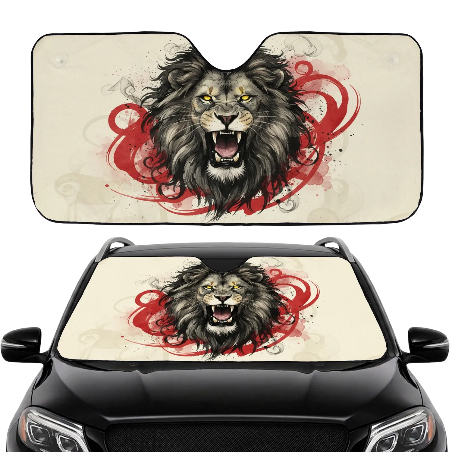 Roaring Lion Dark Mane Fangs Yellow Eyes Cream Background - Wildlife Lover Car Decor Gift Car Sunshade - 1
