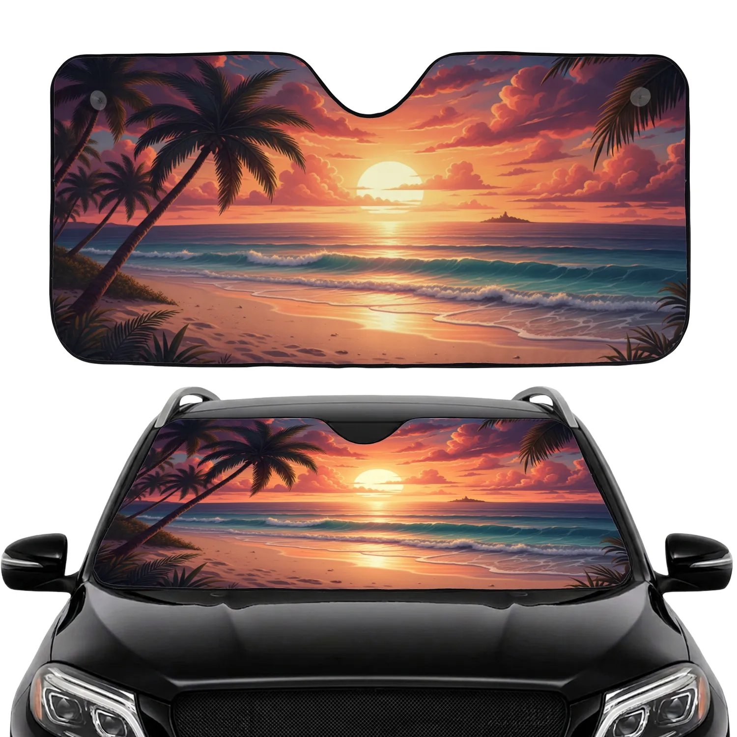 Tropical Beach Sunset Ocean Palm Trees - Vacation Getaway Road Trip Car Sunshade - 1