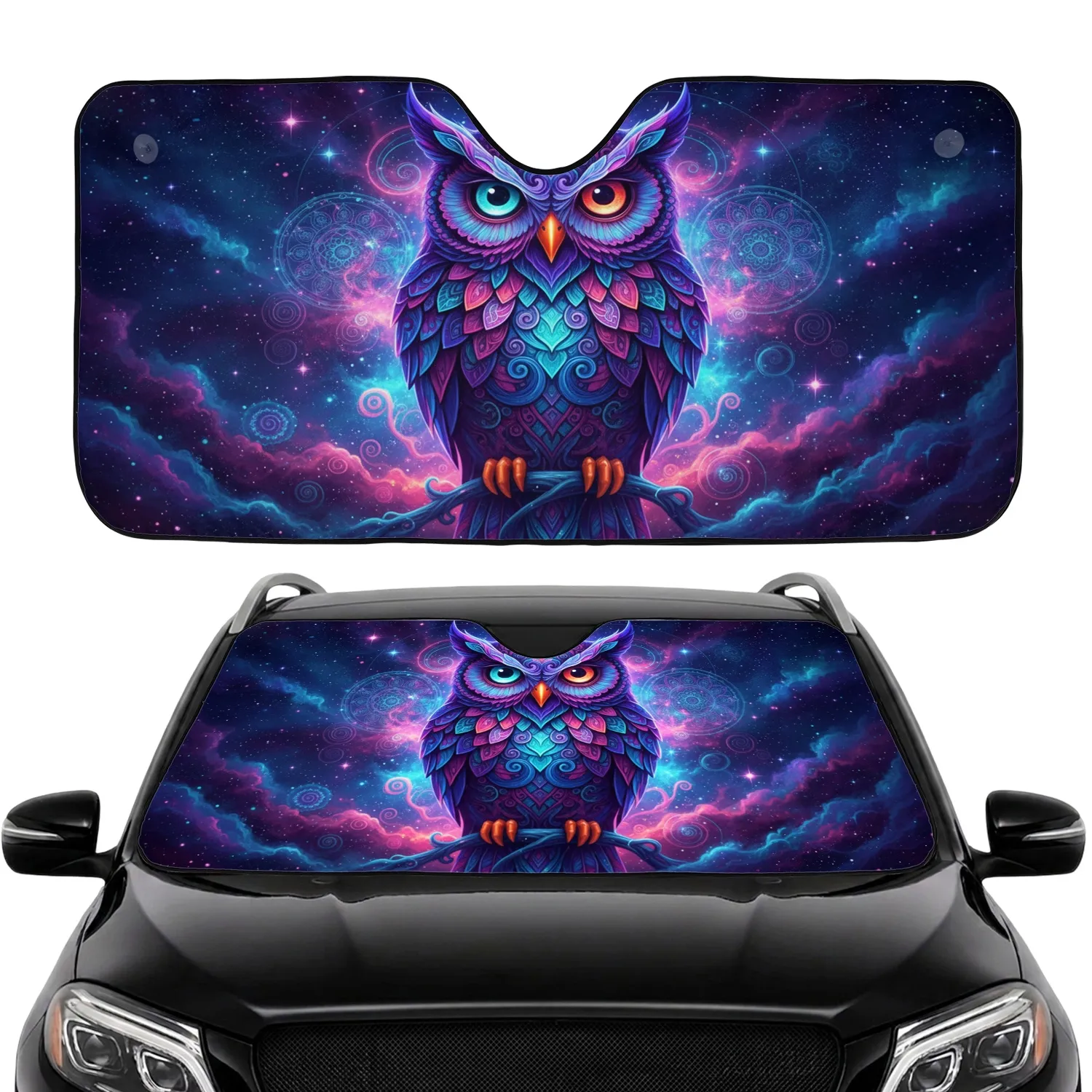 Psychedelic Cosmic Owl Mandala Nebula Stardust - Boho Lifestyle Gift for Art Lovers Car Sunshade - 1