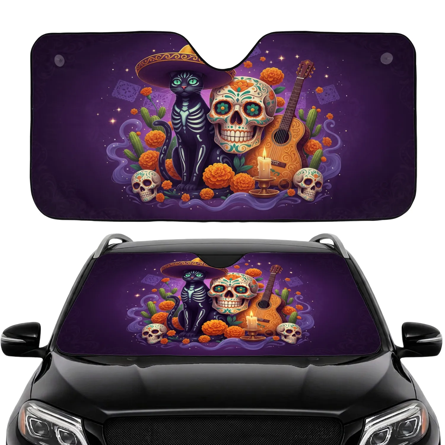 Black Cat Sombrero Sugar Skull Guitar - Dia de los Muertos Celebration Decor for Cat Lover Car Sunshade - 1