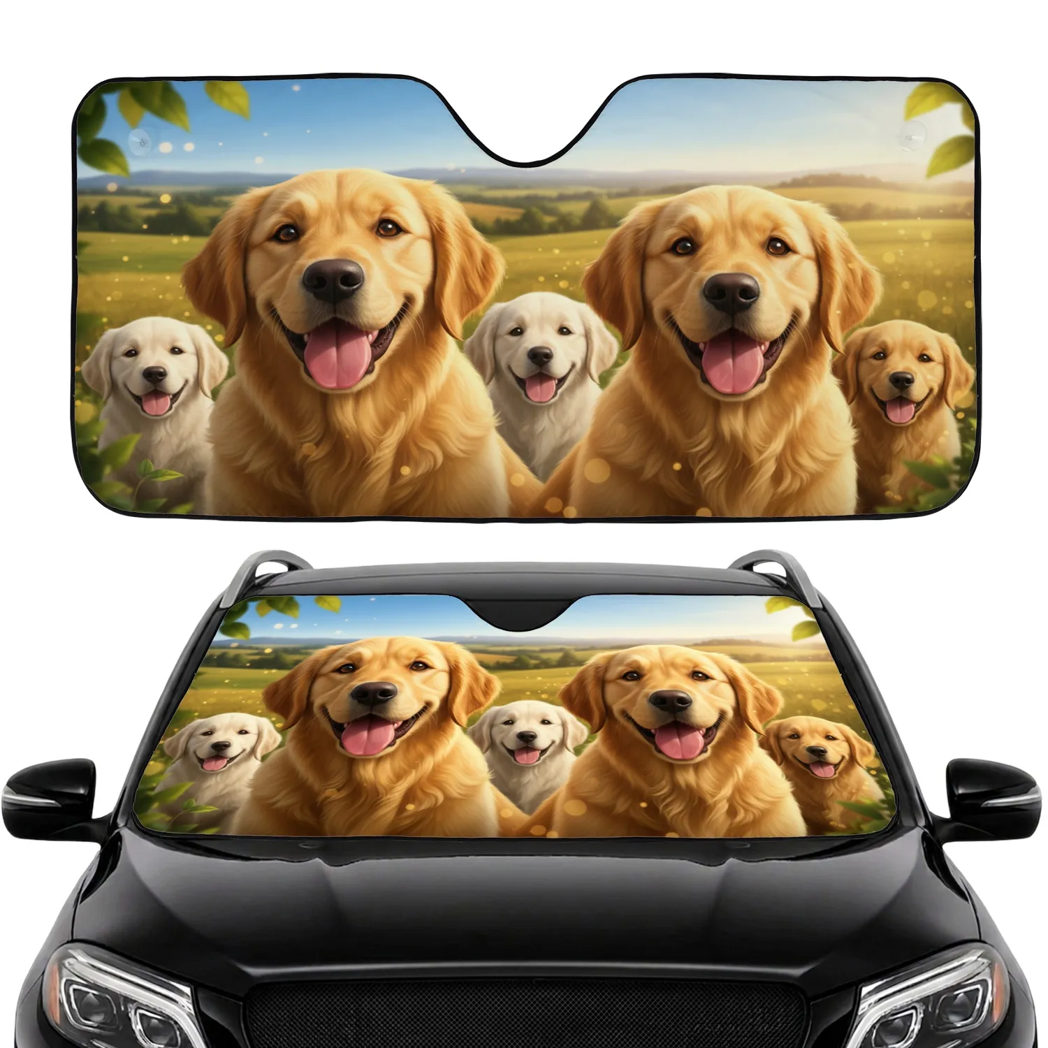Joyful Golden Retriever Puppies Pastoral Landscape - Dog Lover Gift Car Sunshade - 1