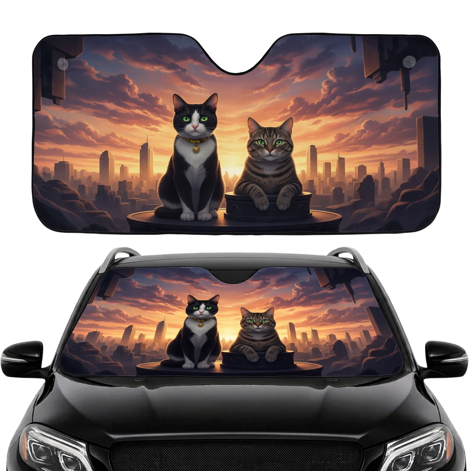 Black White Tuxedo Tabby Cats Green Eyes Sunset City Skyline - Cat Lover Car Decor Gift Car Sunshade - 1