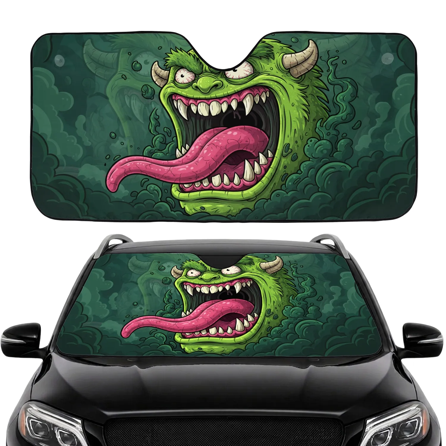 Lime Green Monster Face With Jagged Teeth And Bloodshot Eyes - Everyday Car Style Car Sunshade - 1