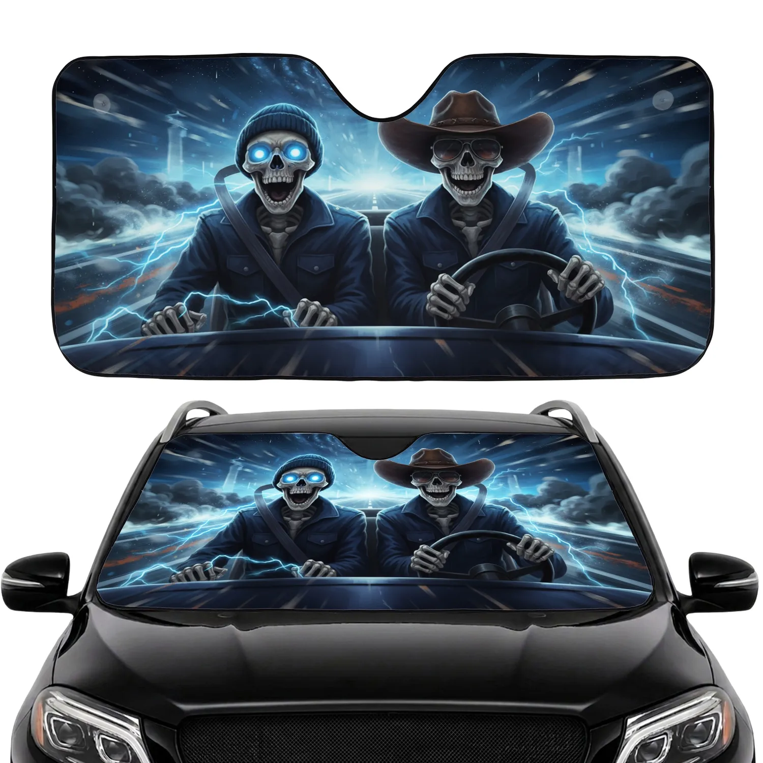 Adventure Skeletons Cowboy Hat & Beanie - Road Trip Gift for Drivers Car Sunshade - 1