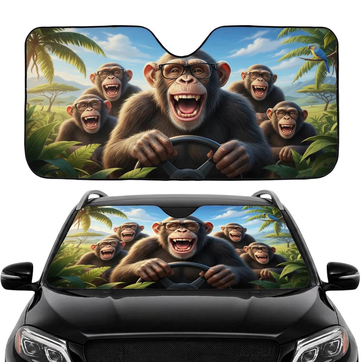 Chimpanzees Glasses Steering Wheel Tropical Scene - Wildlife Lover Gift Car Sunshade - 1