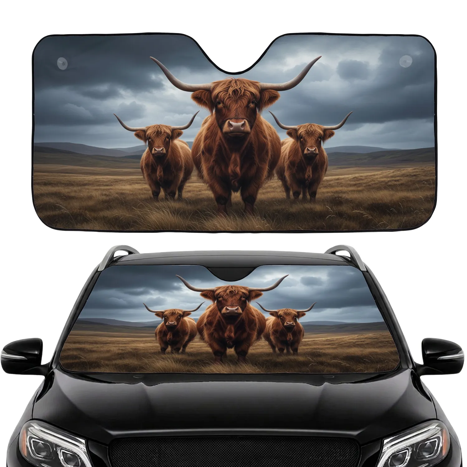 Highland Cow Moorland Landscape - Farmhouse Car Decor Gift for Cow Lover Car Sunshade - 1
