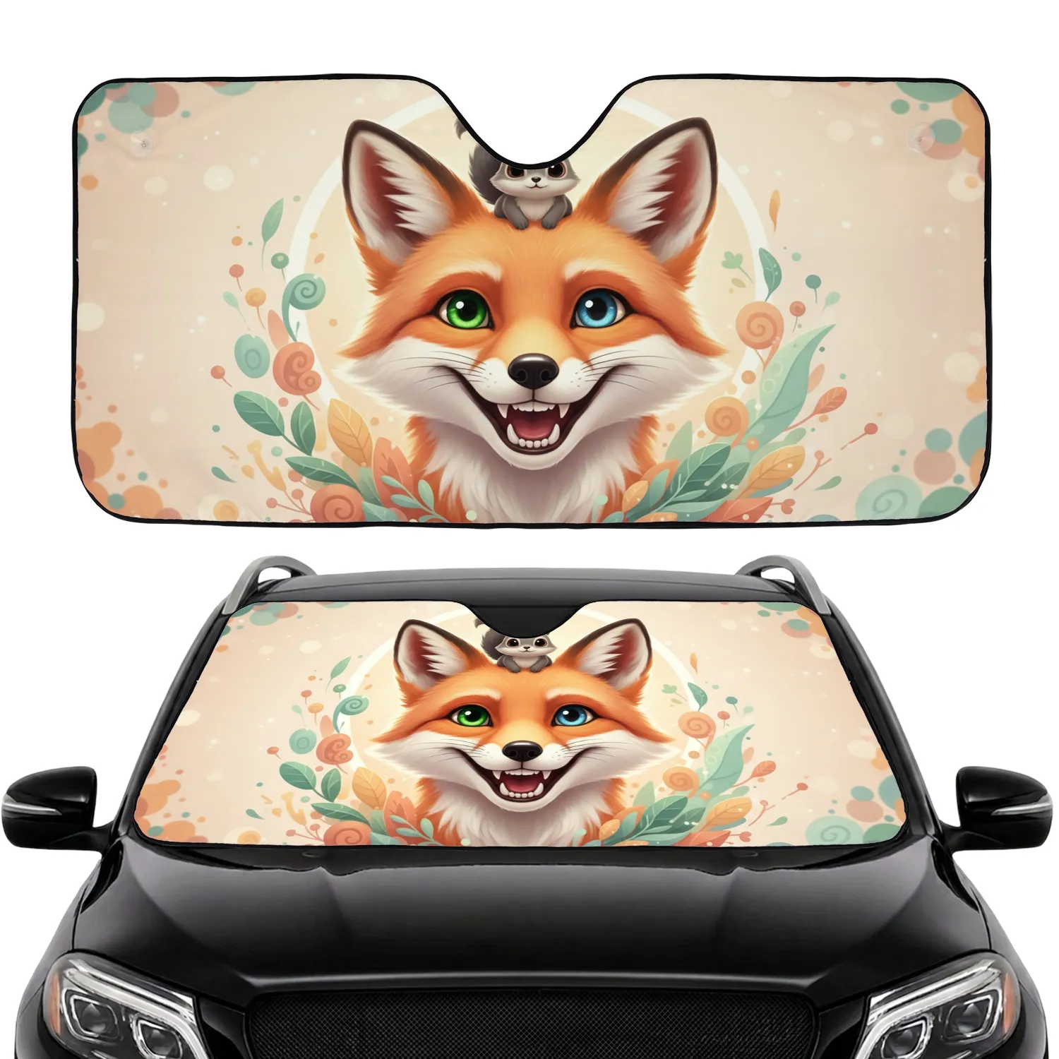 Smiling Fox Heterochromia Squirrel Leaves - Car Interior Accessory Wildlife Gift Car Sunshade - 1
