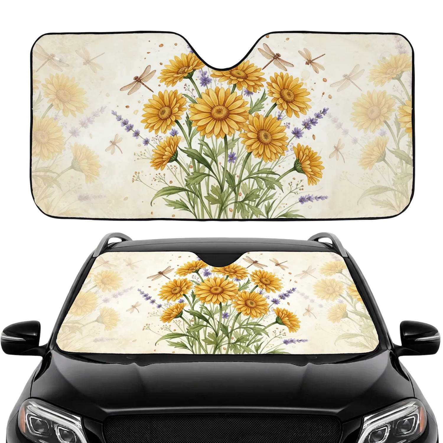 Golden Yellow Daisy Dragonfly Lavender Wildflower - Botanical Nature Lover Gift Car Sunshade - 1