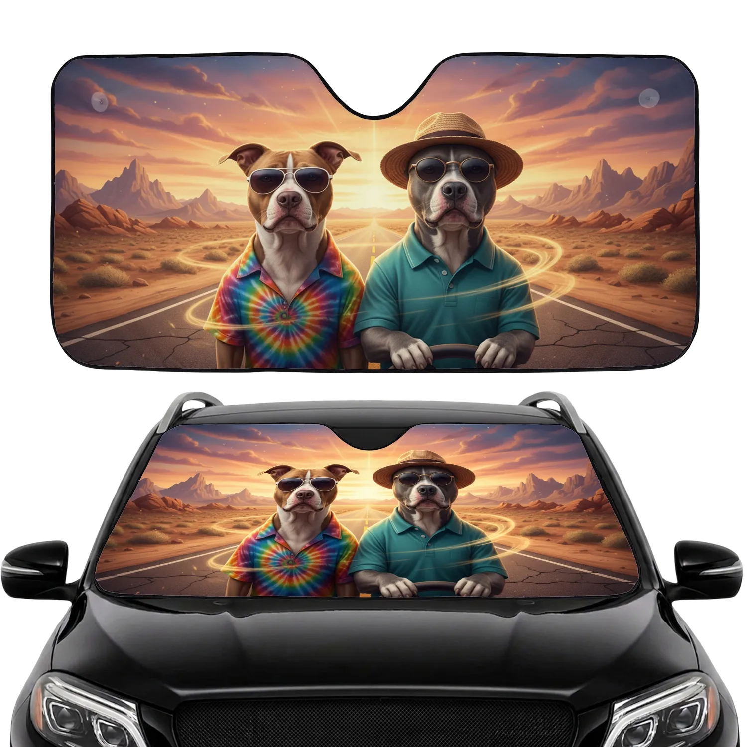 Pit Bull Dogs Aviator Sunglasses Desert Highway - Road Trip Dog Lover Gift Car Sunshade - 1