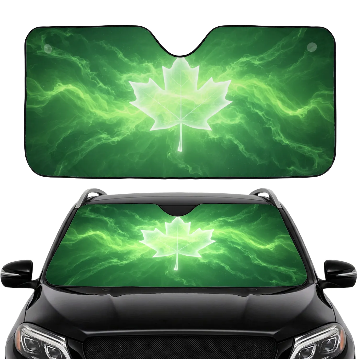 Translucent White Maple Leaf Luminous Green Swirl Smoke Cloud Car Sunshade - 1