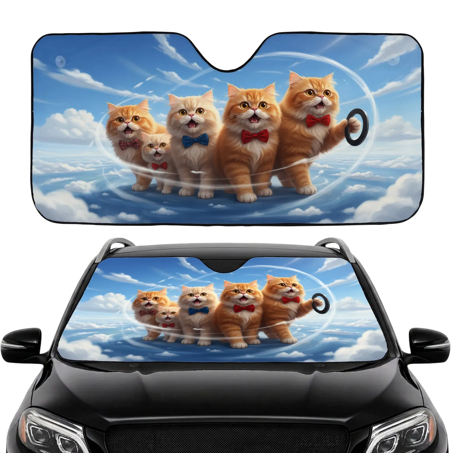 Fluffy Surprised Persian Cats Golden Eyes Bow Ties Sky Journey - Cat Lover Car Accessory Gift Car Sunshade - 1