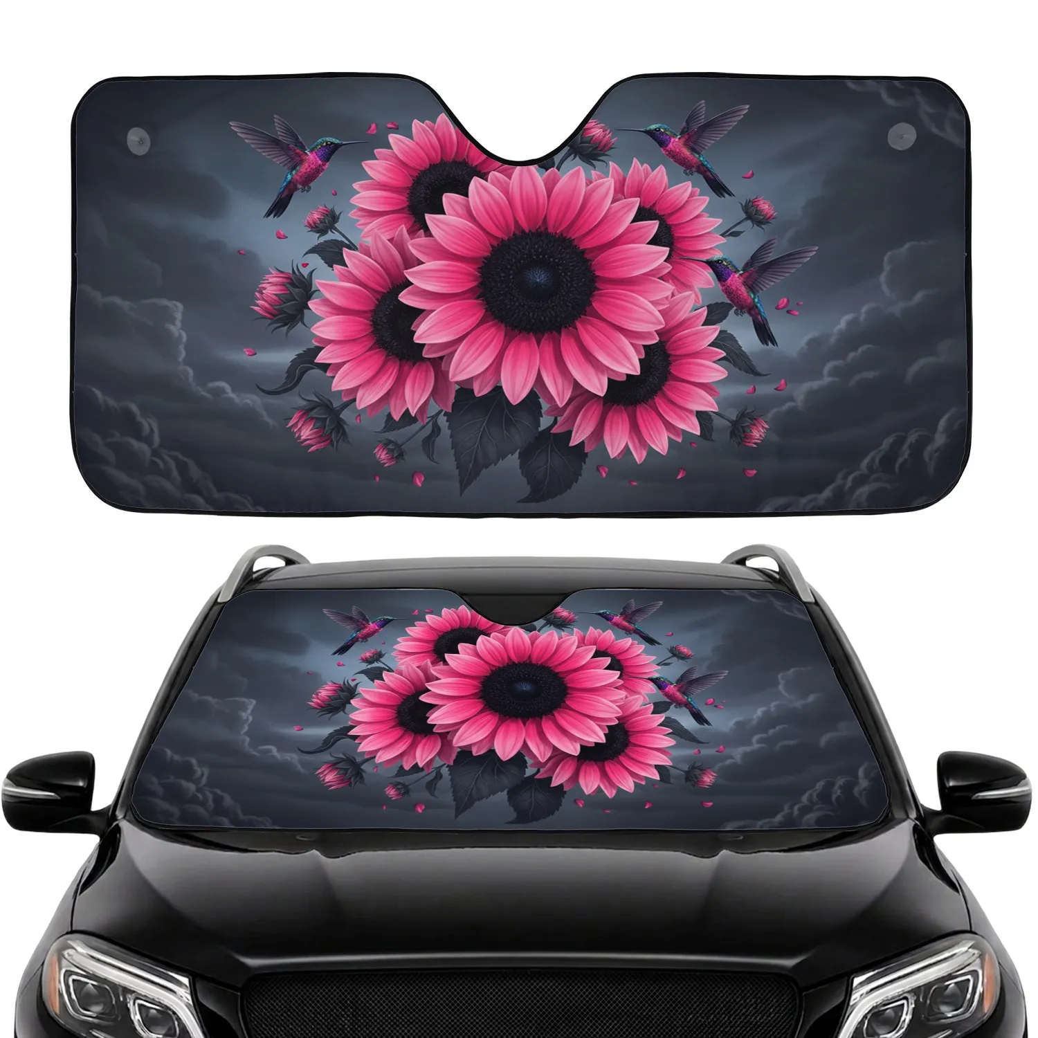 Pink Sunflowers Hummingbirds Dark Twilight Sky - Wildlife Lover Gift Car Sunshade - 1