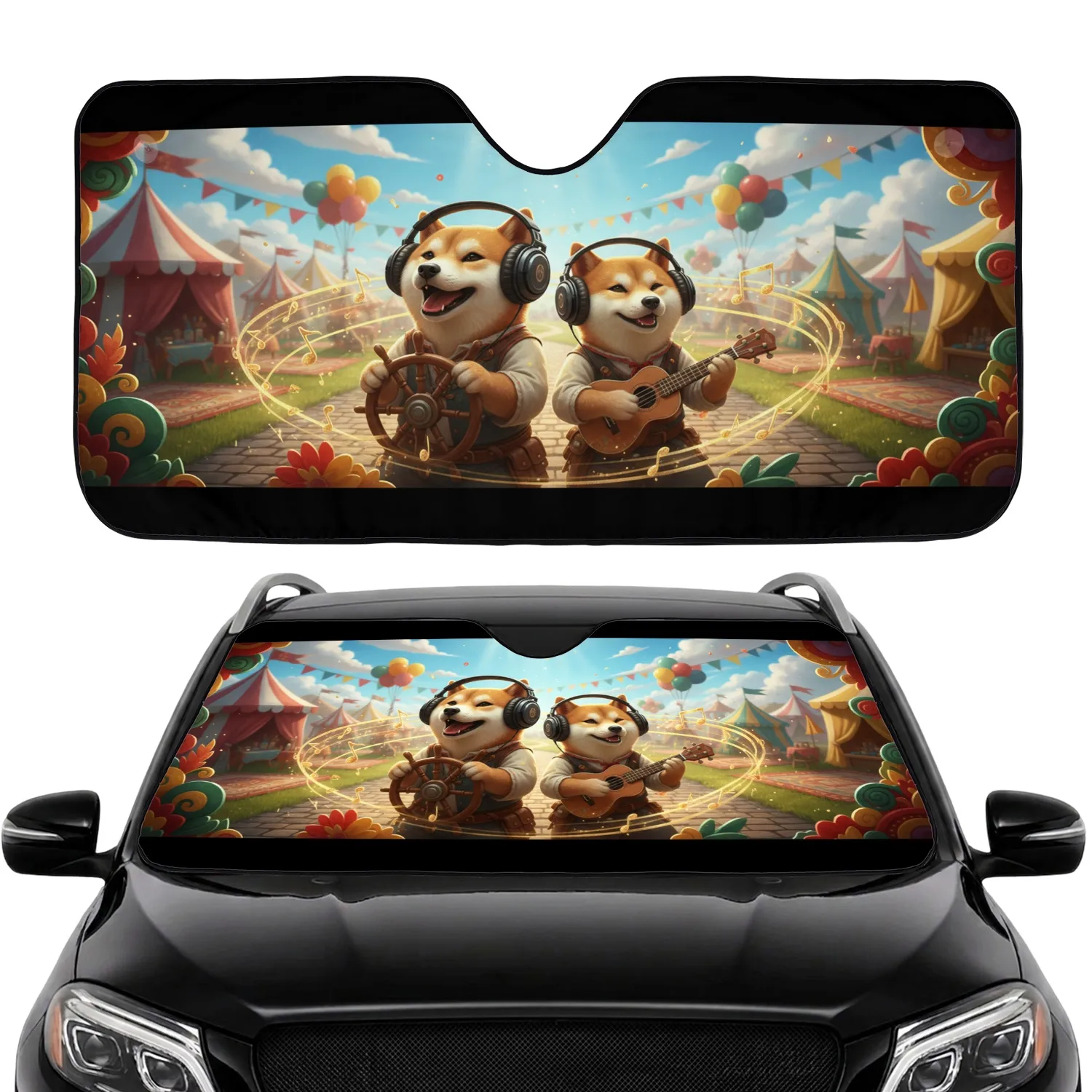 Shiba Inu Dogs Driving Ukulele Music Festival - Music Lover Road Trip Gift Car Sunshade - 1