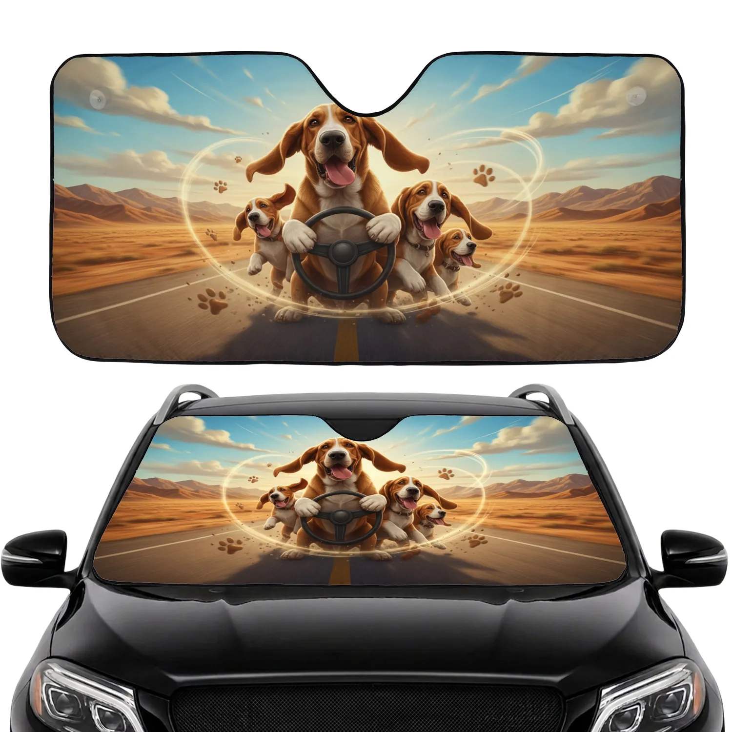 Happy Bloodhound Dogs Adventure Road Trip - Travel Essentials Gift for Dog Lovers Car Sunshade - 1