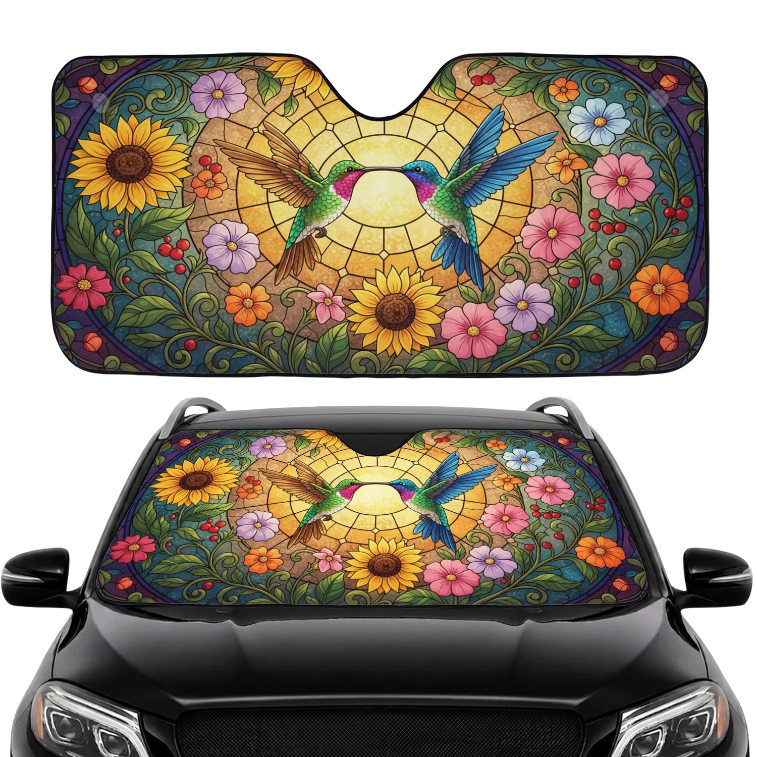 Hummingbird Stained Glass Garden Flowers - Wildlife Lover Car Decor Gift Car Sunshade - 1