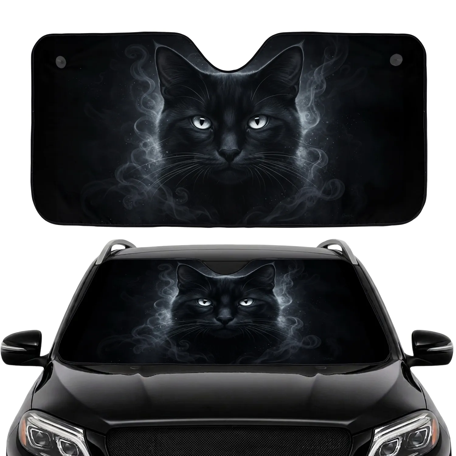 Black Cat Luminous White Eyes Whiskers Dark Mist Cosmic Background - Cat Lover Gift Car Sunshade - 1