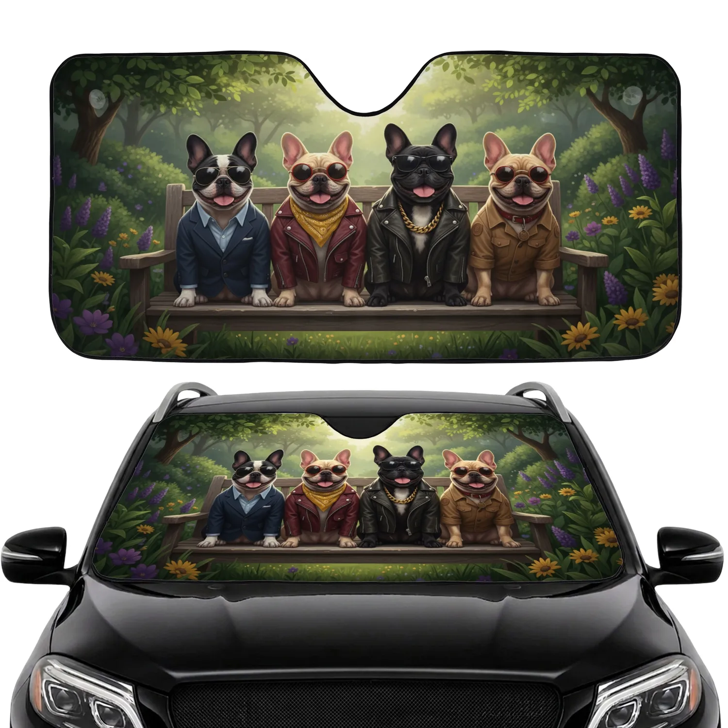 Cheerful French Bulldogs Suits Sunglasses Garden Bench - Animal Lover Auto Decor Gift Car Sunshade - 1