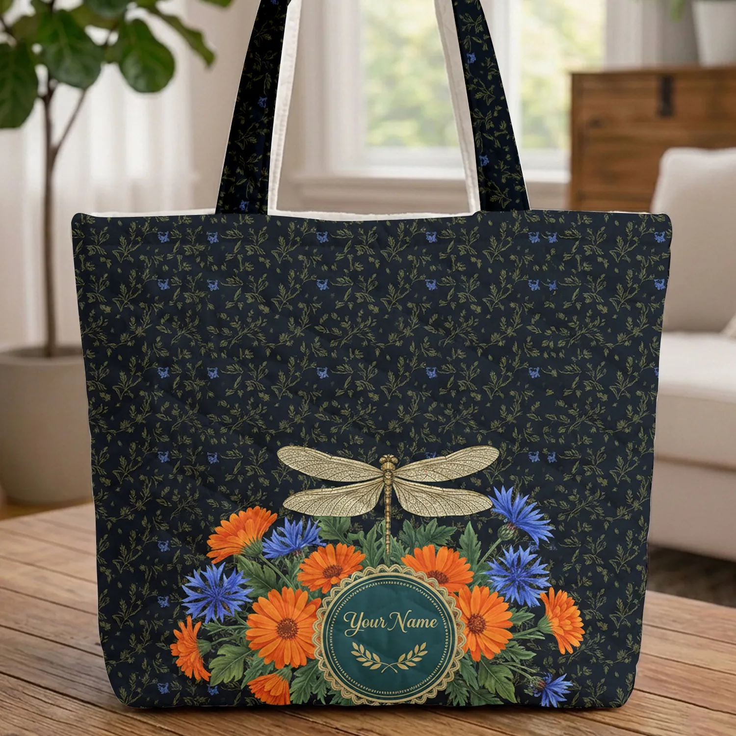 Ornate Dragonfly Calendula Cornflowers Bluebells - Nature Lover Gift Quilted Tote Bag - 1