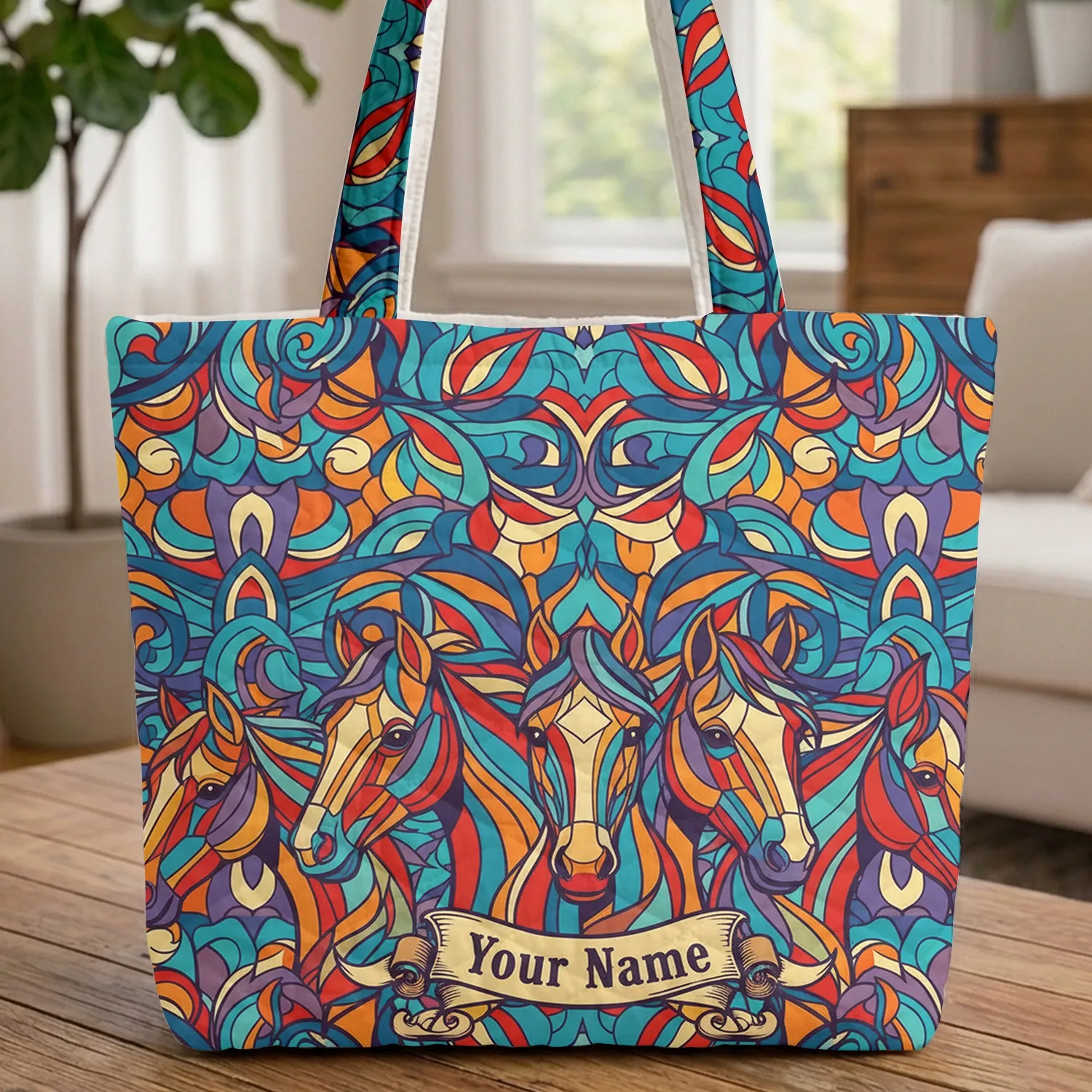Western Interlocking Horse Heads Mosaic Equestrian Gift for Rider Quilted Tote Bag - 1