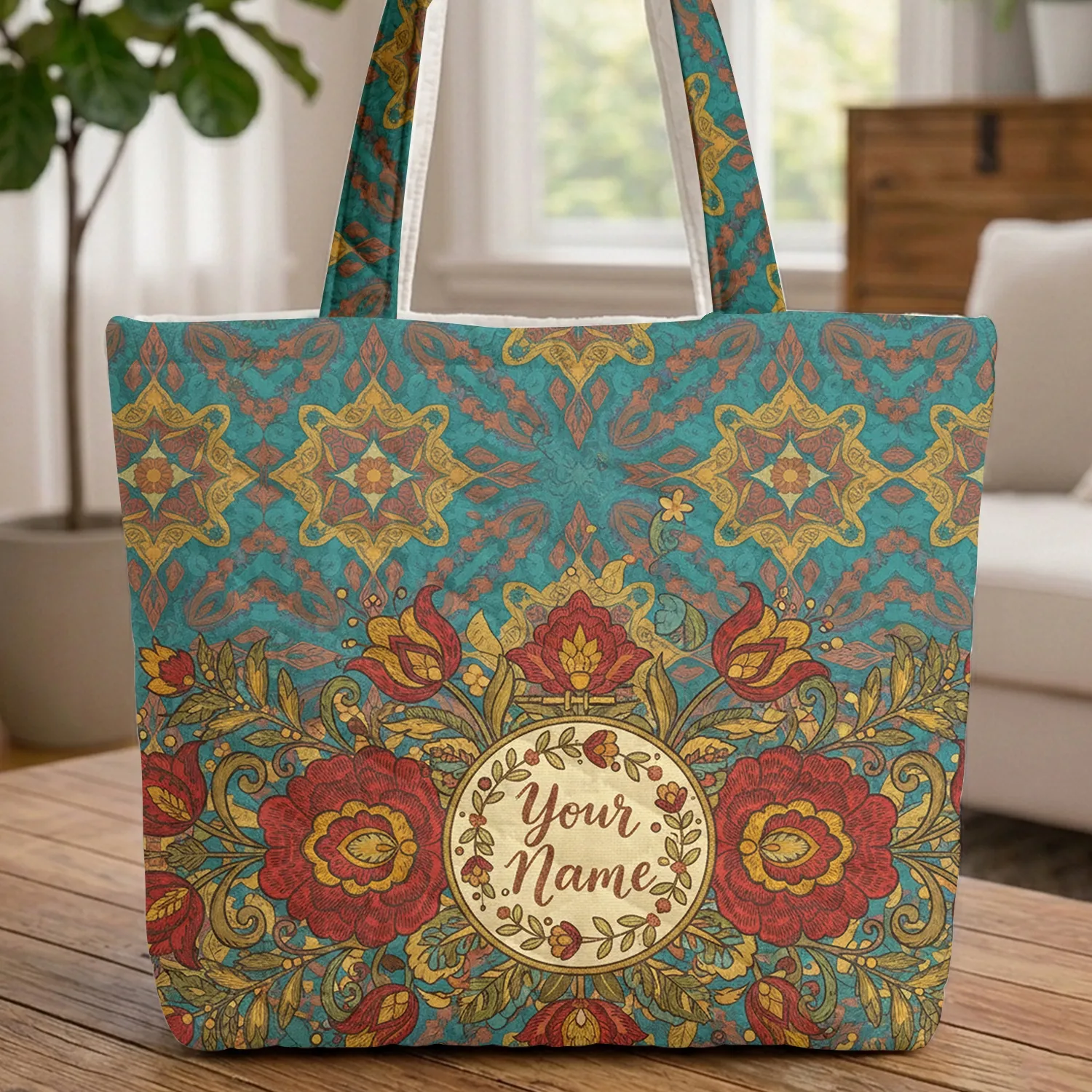 Geometric Botanical Mandala Folk Art Floral Hoop - Everyday Tote Quilted Tote Bag - 1