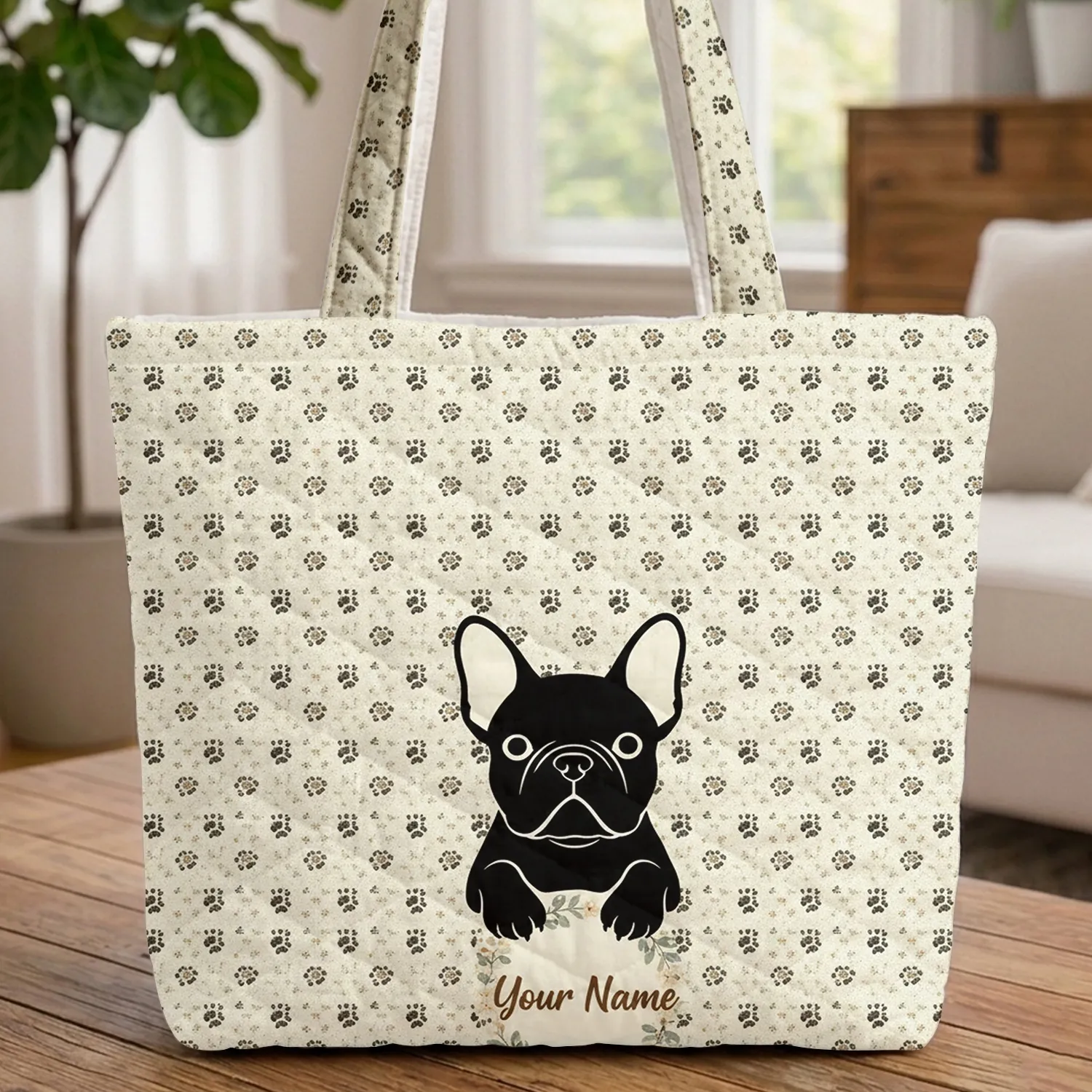 French Bulldog Head Paw Prints Bone - Dog Lover Everyday Carry Gift Quilted Tote Bag - 1
