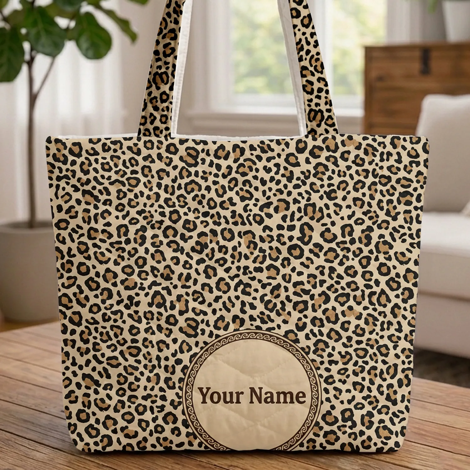 Leopard Spots Circular Medallion Name - Travel Essentials Quilted Tote Bag - 1