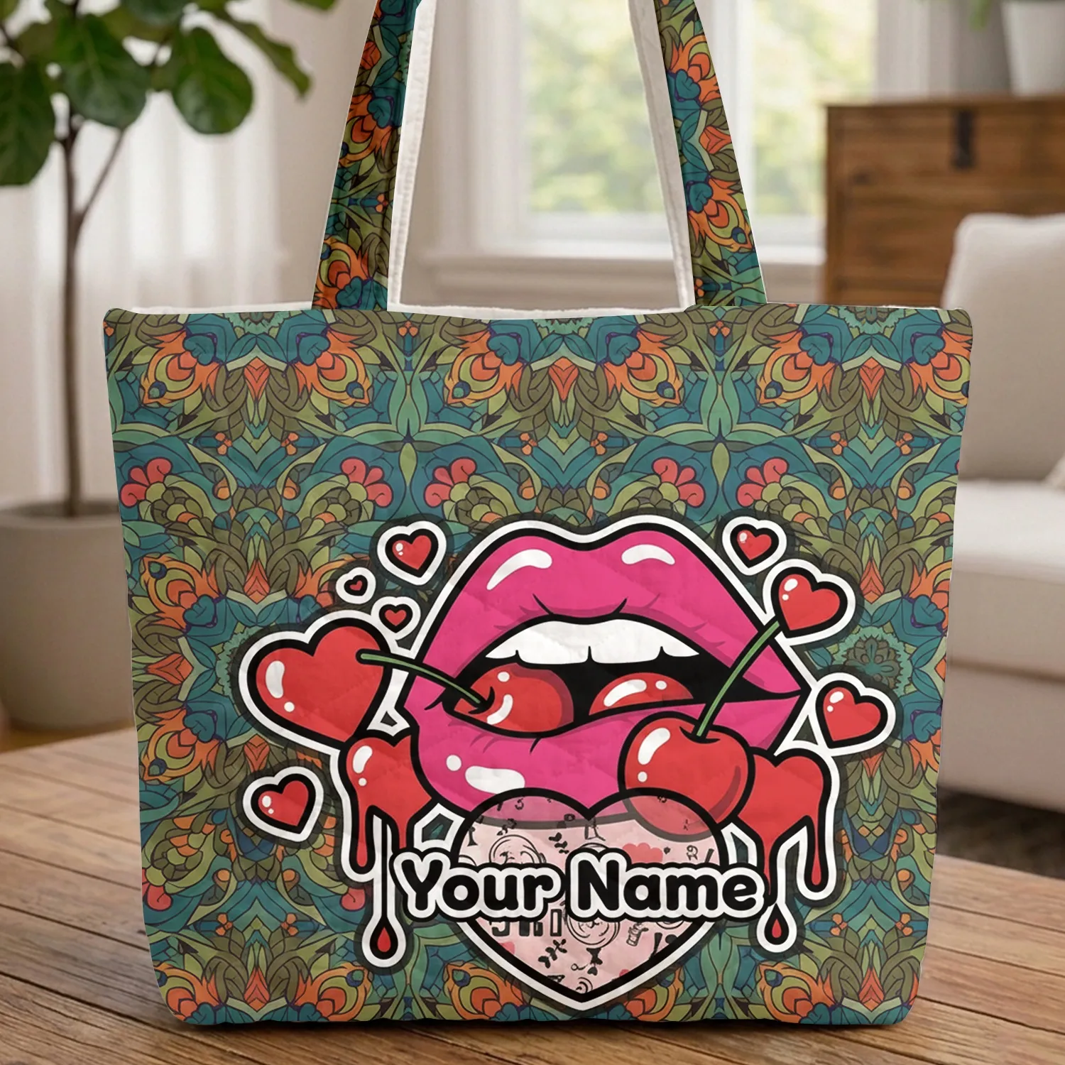 Pink Lips Red Cherries Dripping Hearts Mandalas Floral Geometric - Everyday Love Gift Quilted Tote Bag - 1